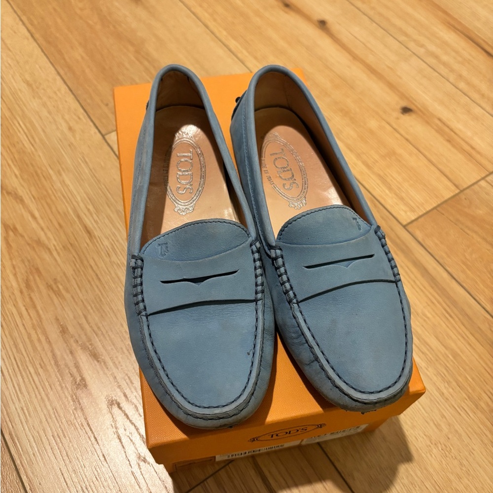 Tod's Sky Blue Leather Slip-On Loafers